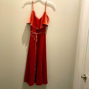 June & Hudson women’s burgundy XS spaghetti strap, wide ruffle dress. Pre-owned.